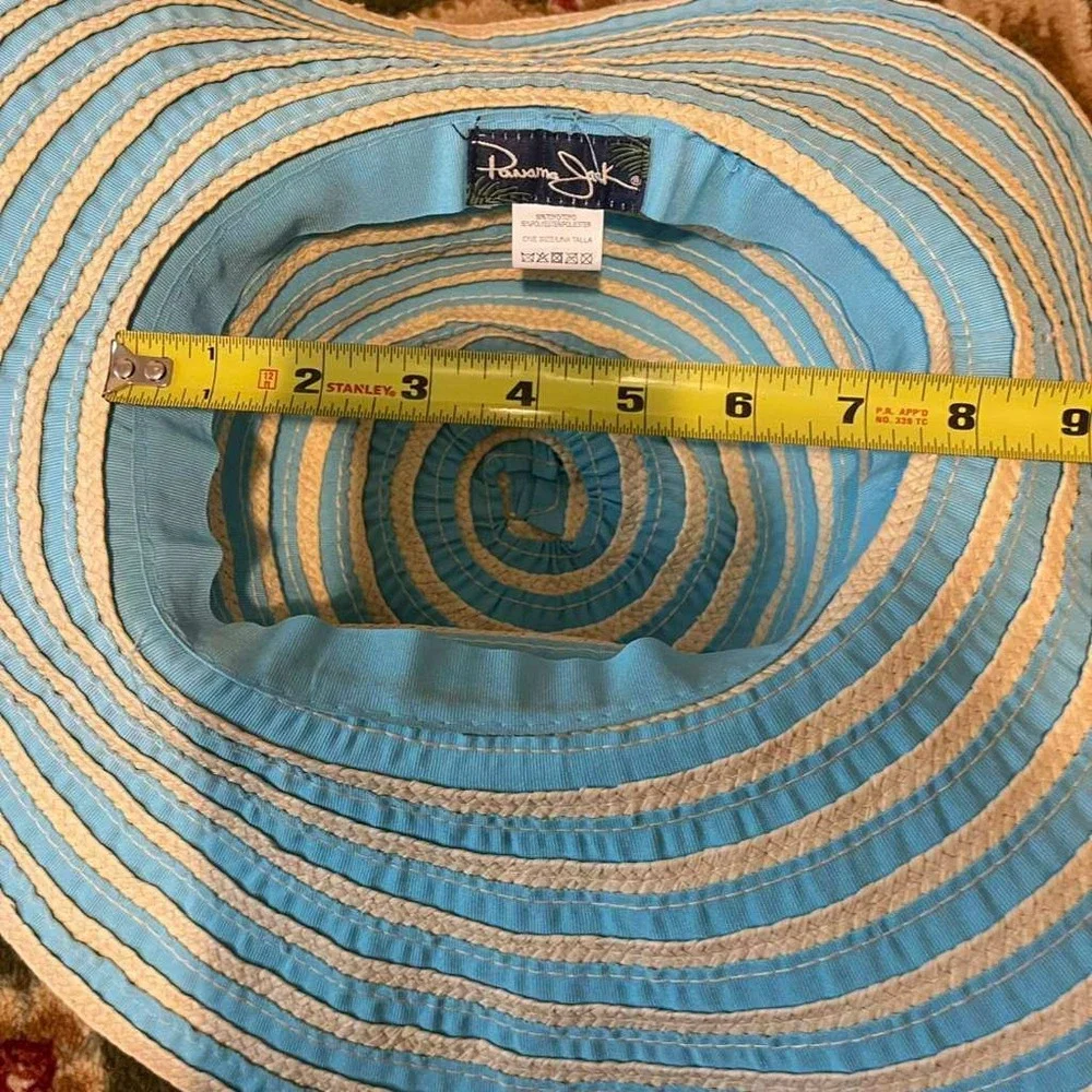 Panama Jack Womens Blue Cream Striped Wide‎ Brim Floppy Sun Beach Hat One Size
